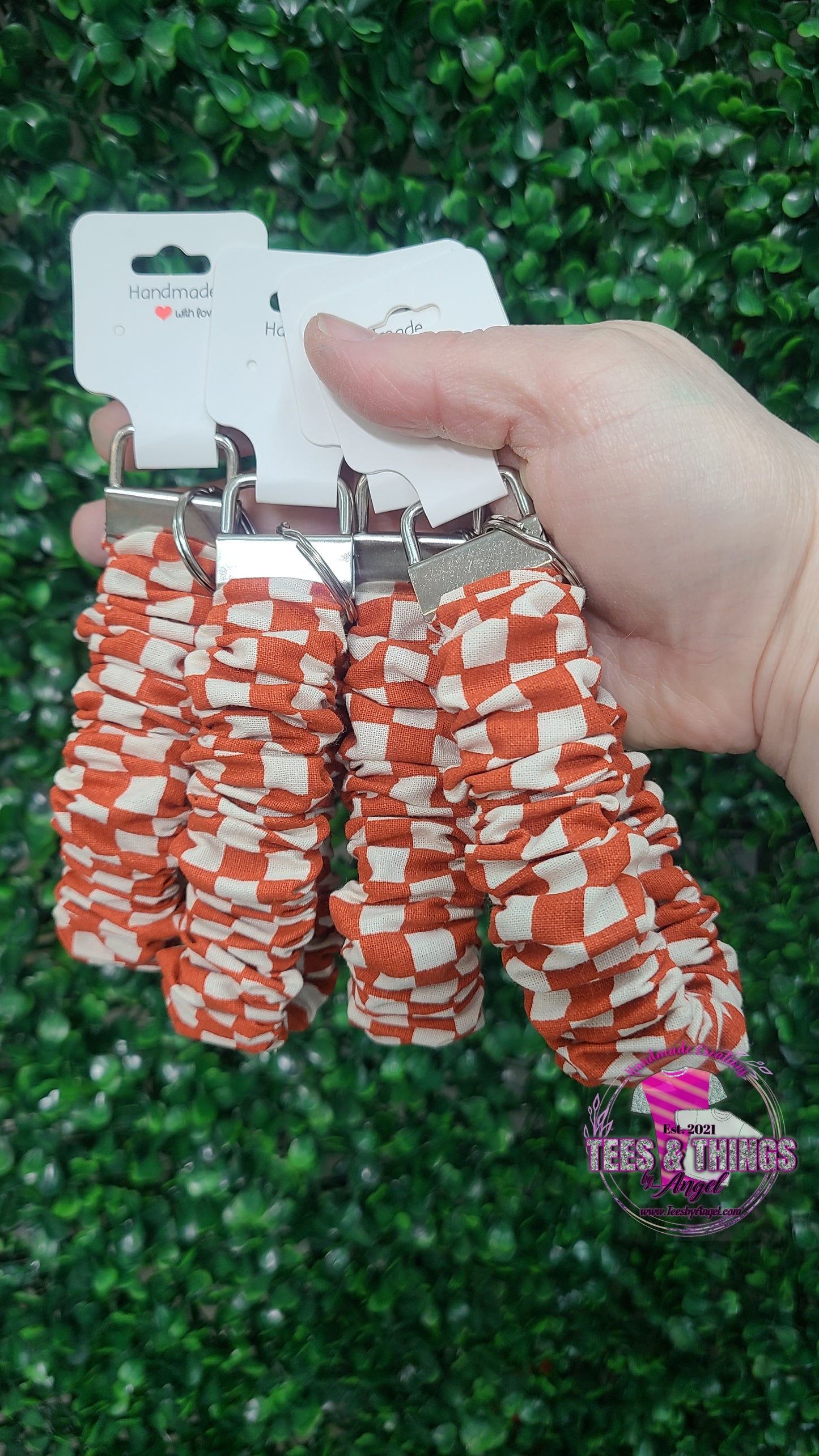 Orange/White checkered Scrunchie Keyfob Wristlet
