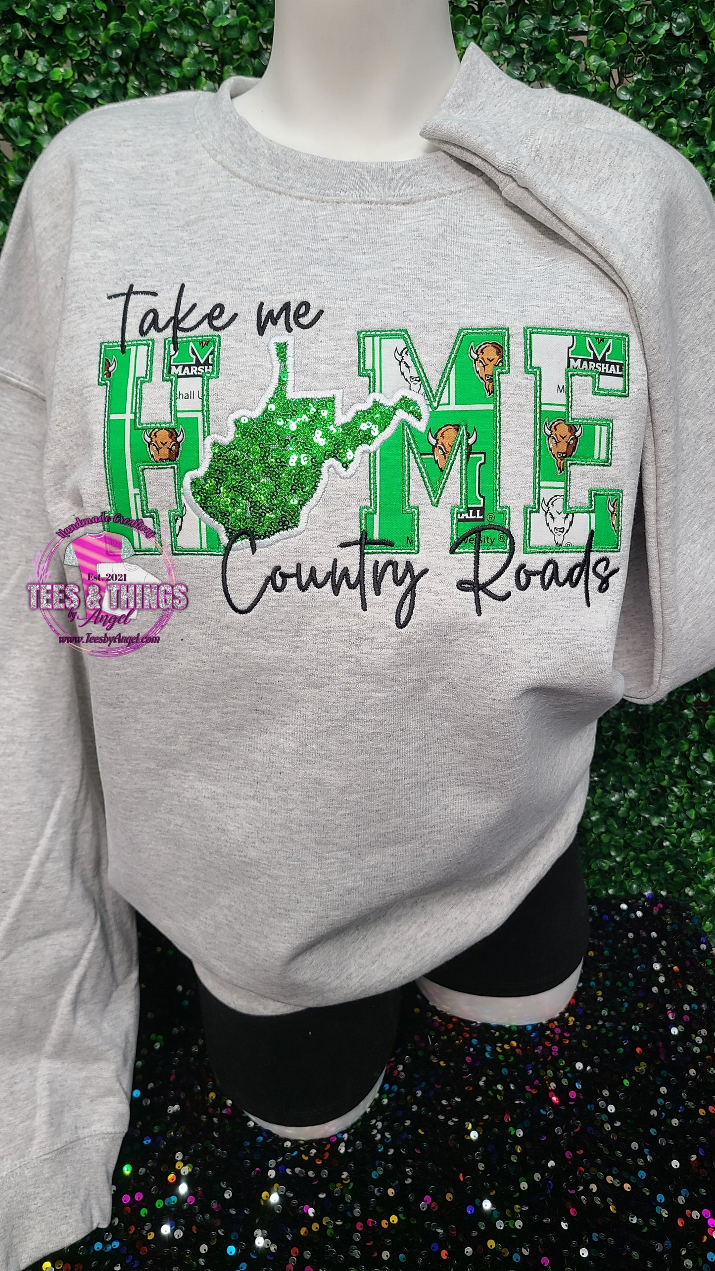 Country Roads WV 💚🤍 MARSHALL embroidered sweatshirt!