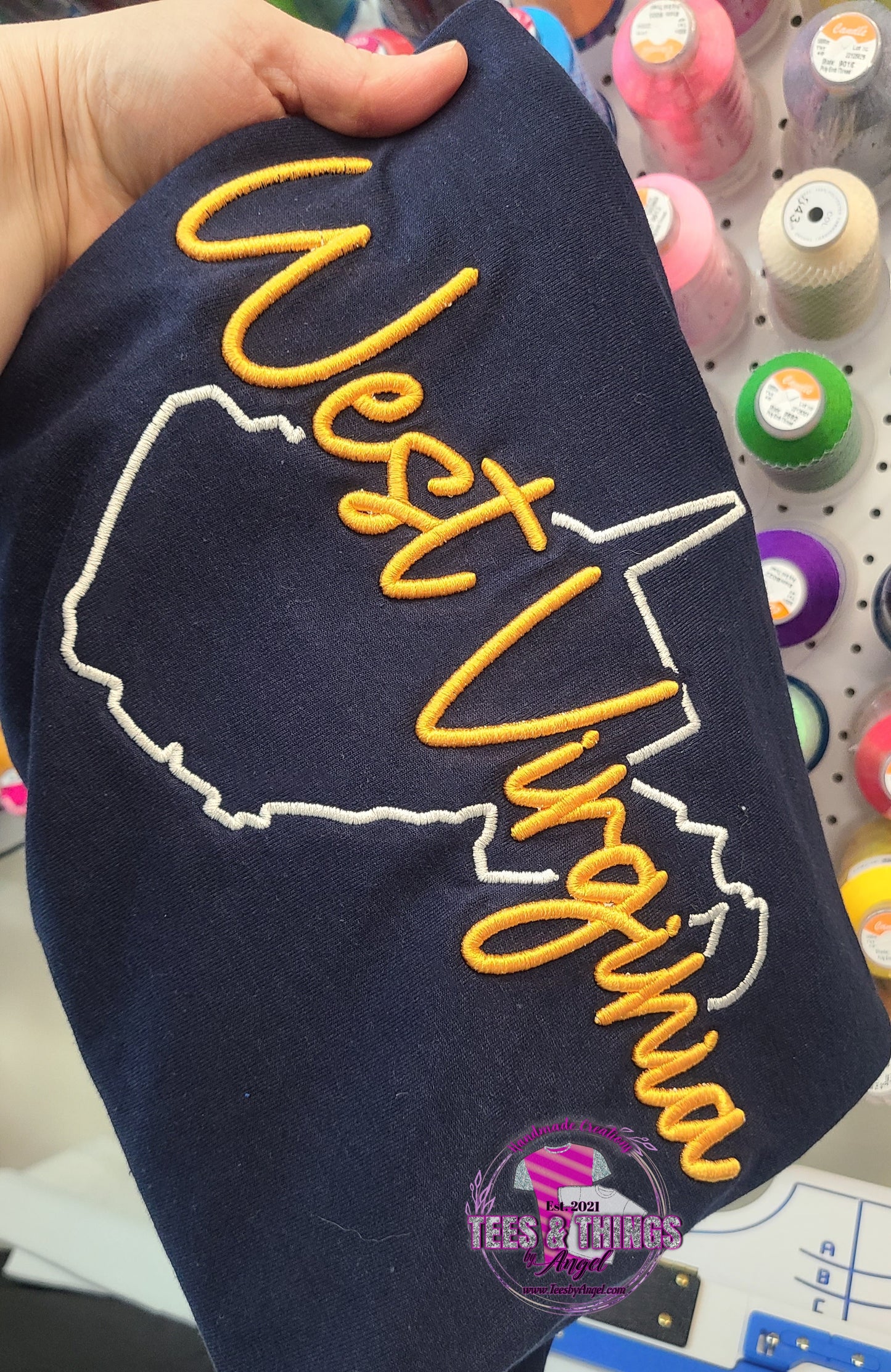 WV 3D embroidered tee with state silhouette.