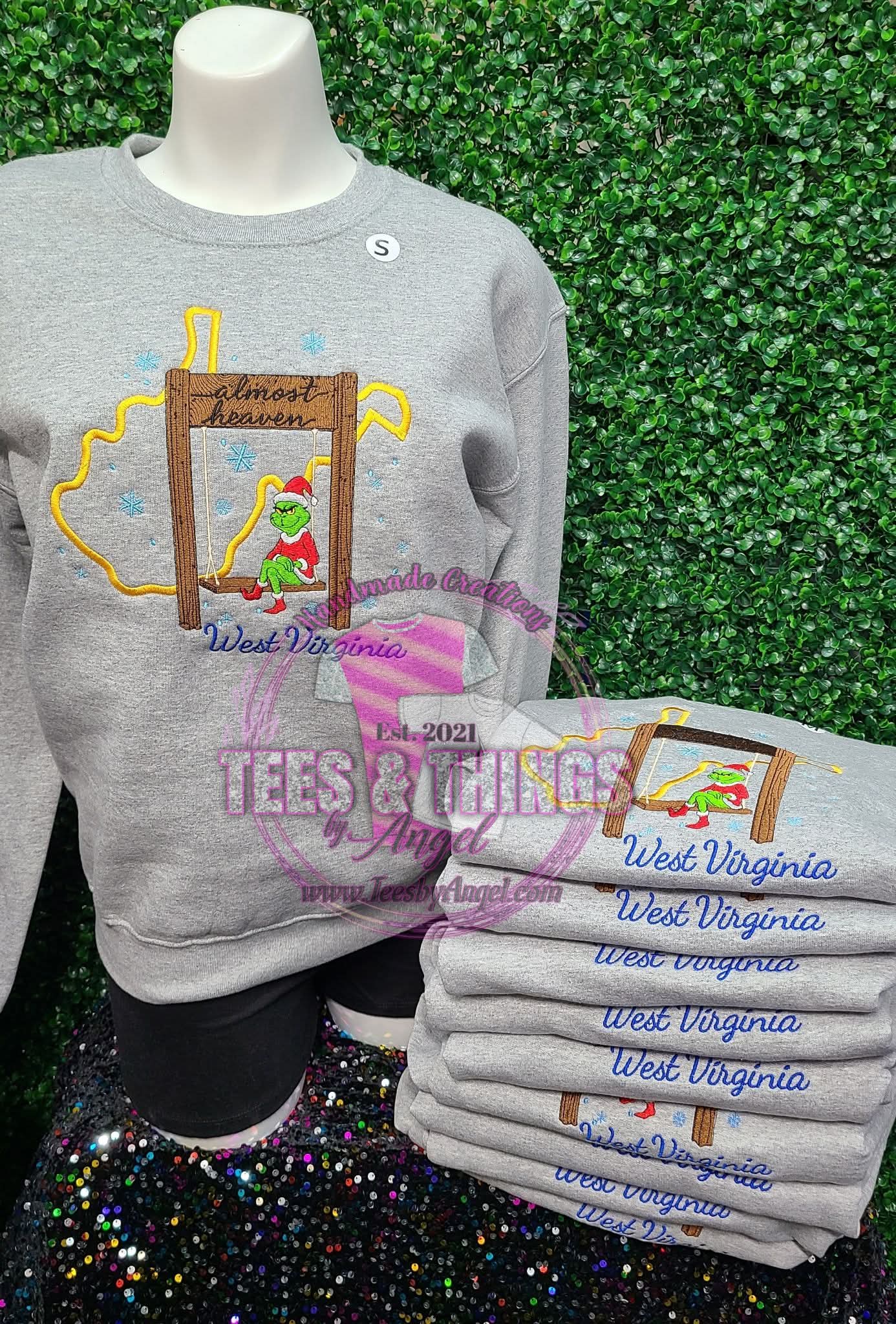 WV Almost Heaven Grinch on a Swing Embroidered sweatshirt! π βοΈ