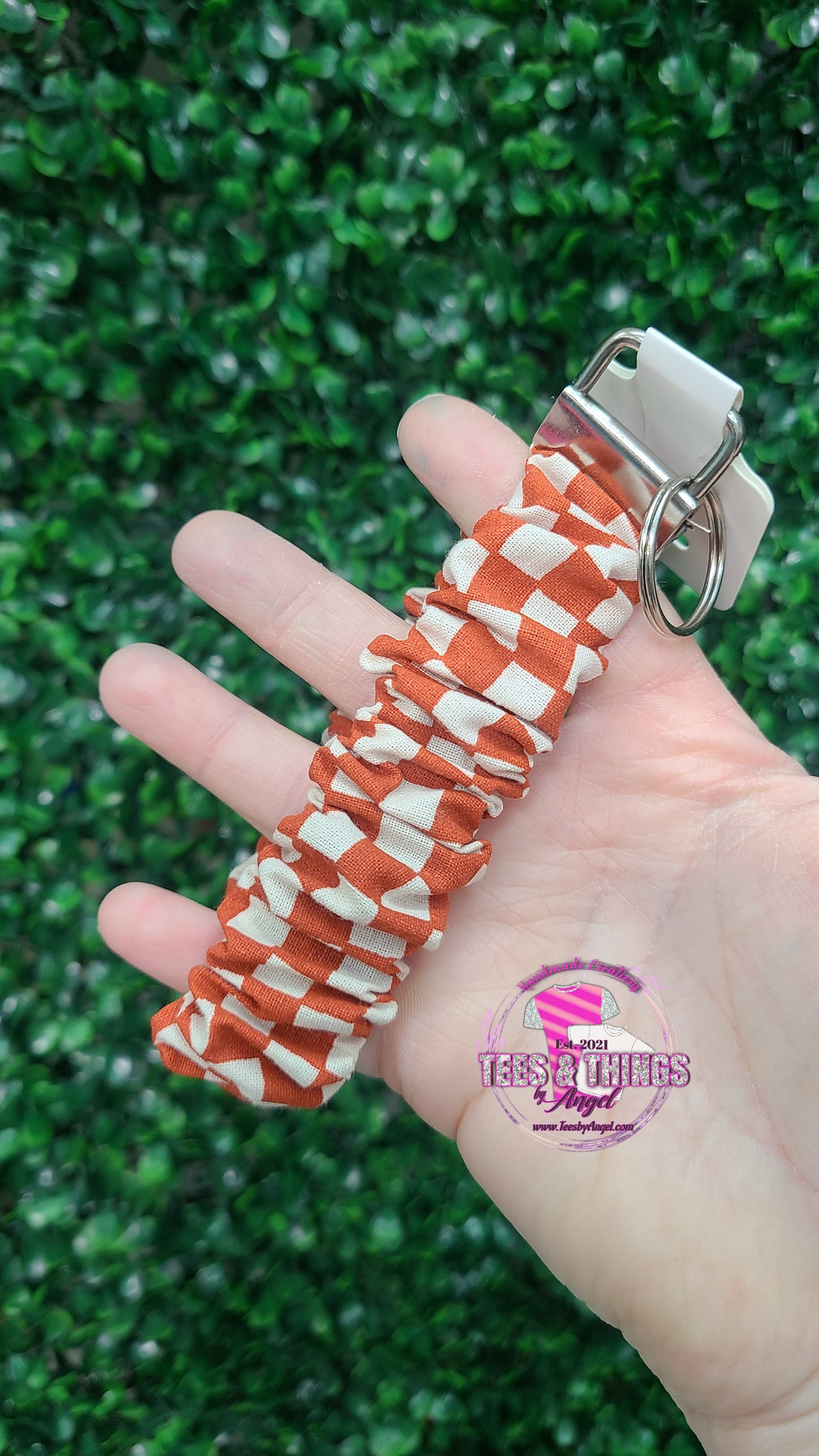 Orange/White checkered Scrunchie Keyfob Wristlet