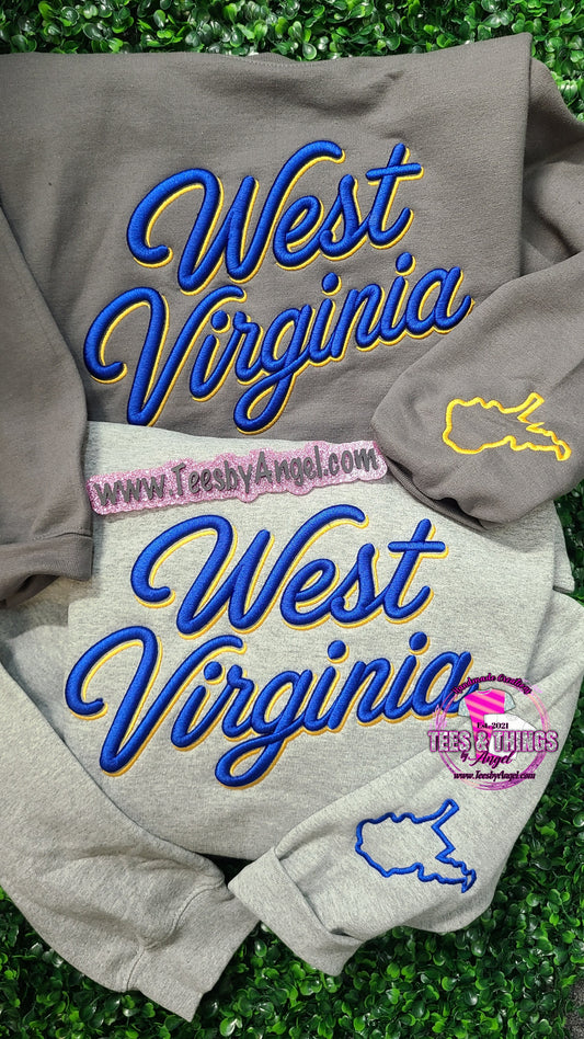 West Virginia 3D Embroidered script font sweatshirt! 💙💛