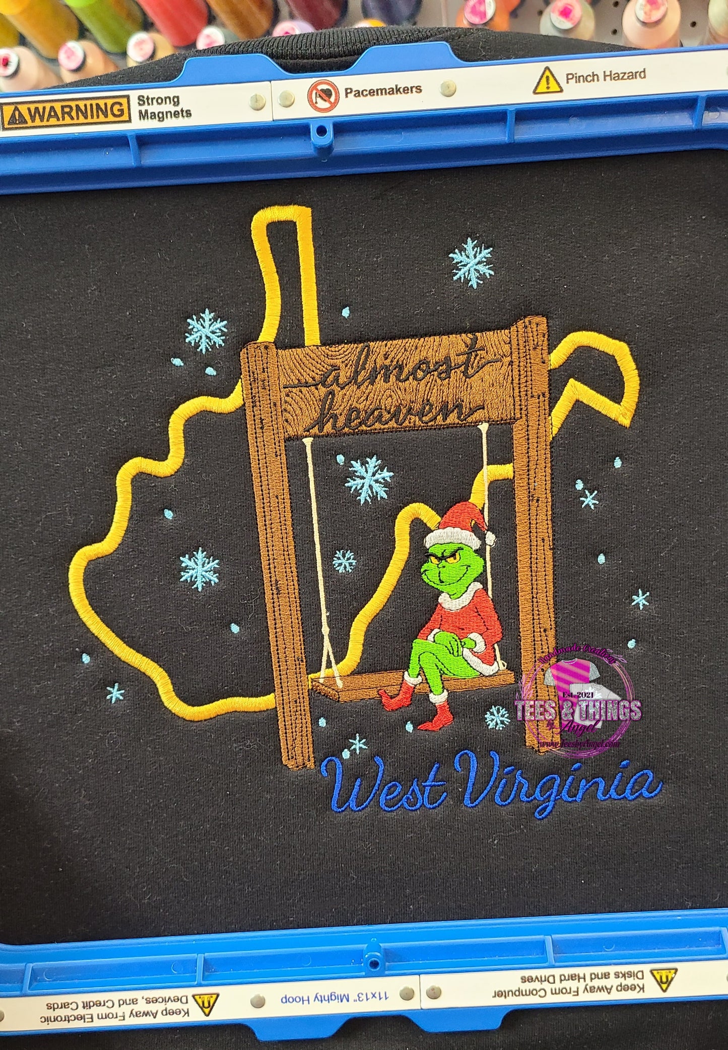 WV Almost Heaven Grinch on a Swing Embroidered sweatshirt! 💚 ❄️