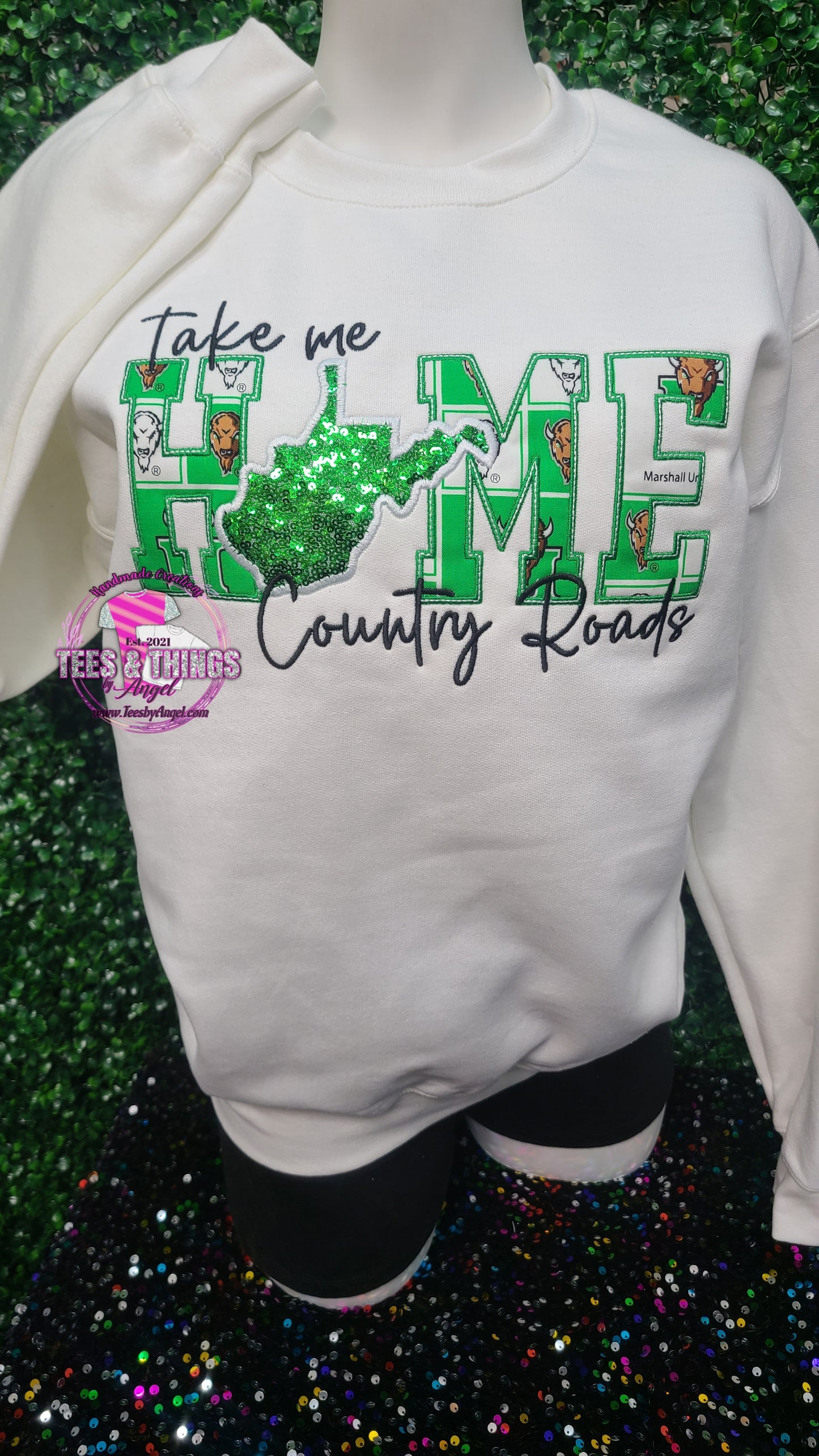Country Roads WV 💚🤍 MARSHALL embroidered sweatshirt!