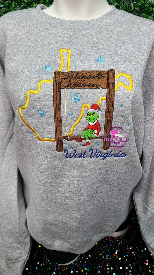 WV Almost Heaven Grinch on a Swing Embroidered sweatshirt! 💚 ❄️