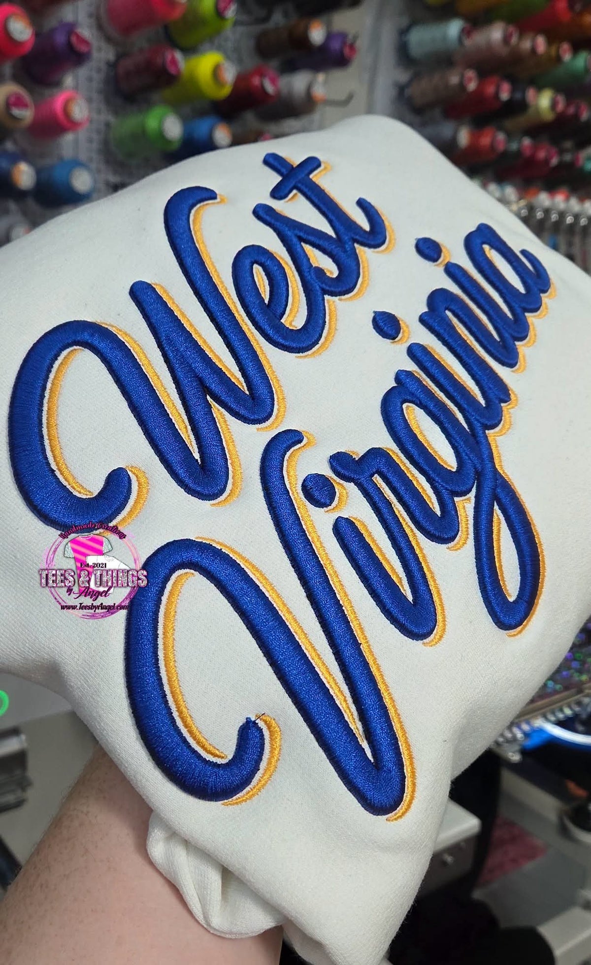 West Virginia 3D Embroidered script font sweatshirt! 💙💛