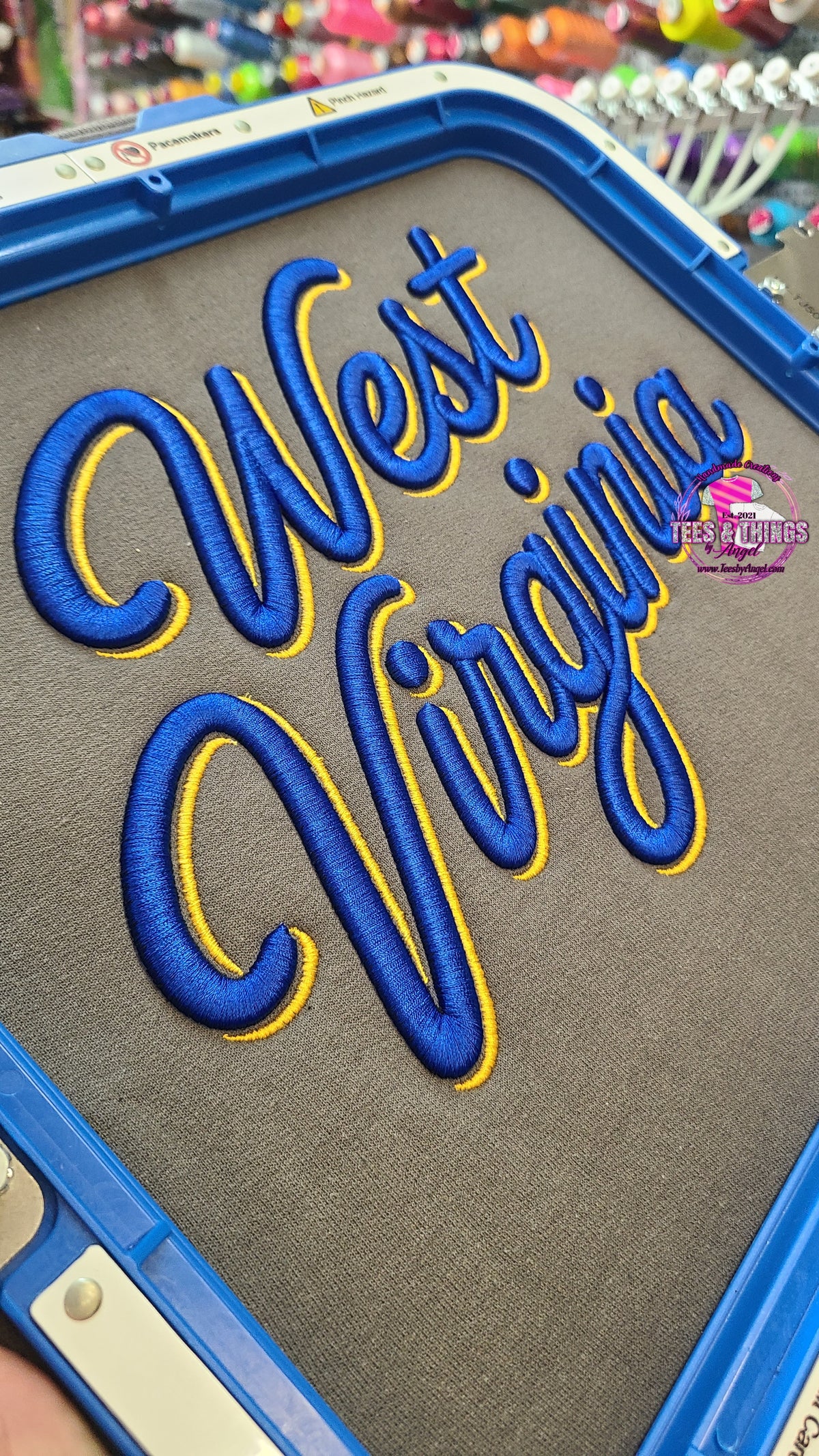 West Virginia 3D Embroidered script font sweatshirt! 💙💛