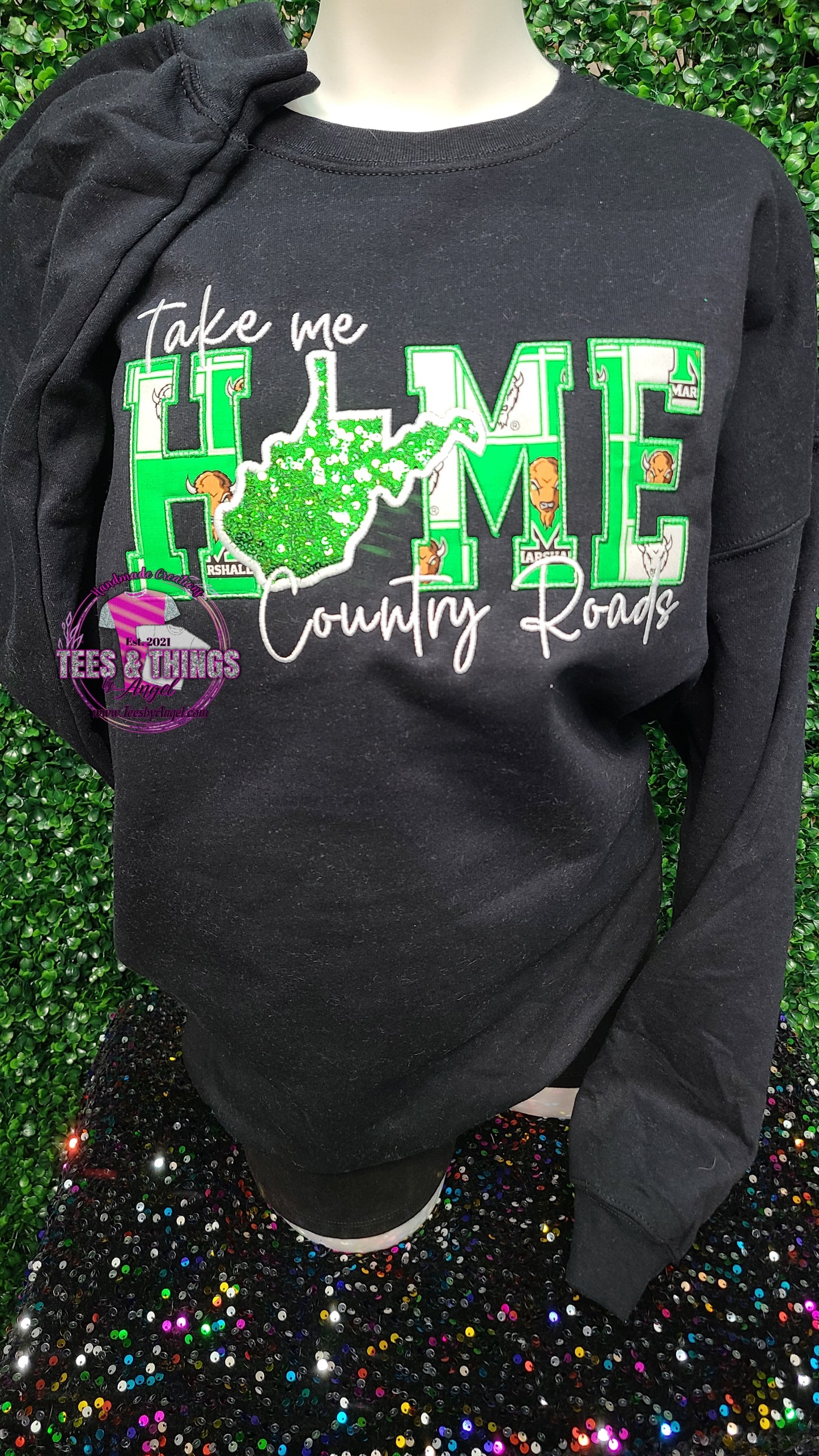 Country Roads WV 💚🤍 MARSHALL embroidered sweatshirt!