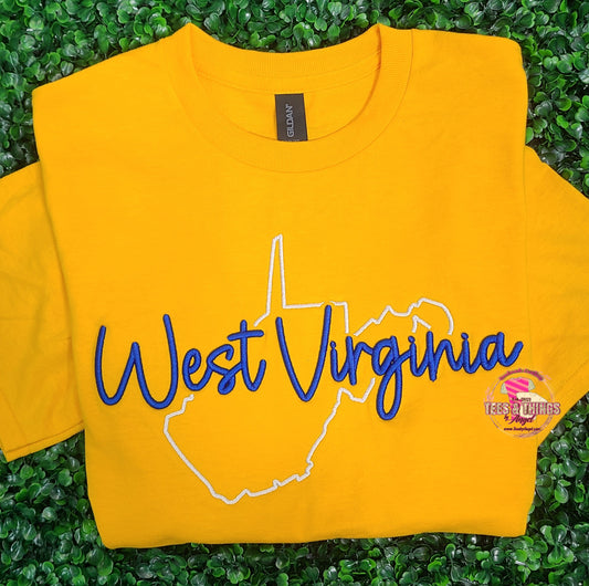 WV 3D embroidered tee with state silhouette.