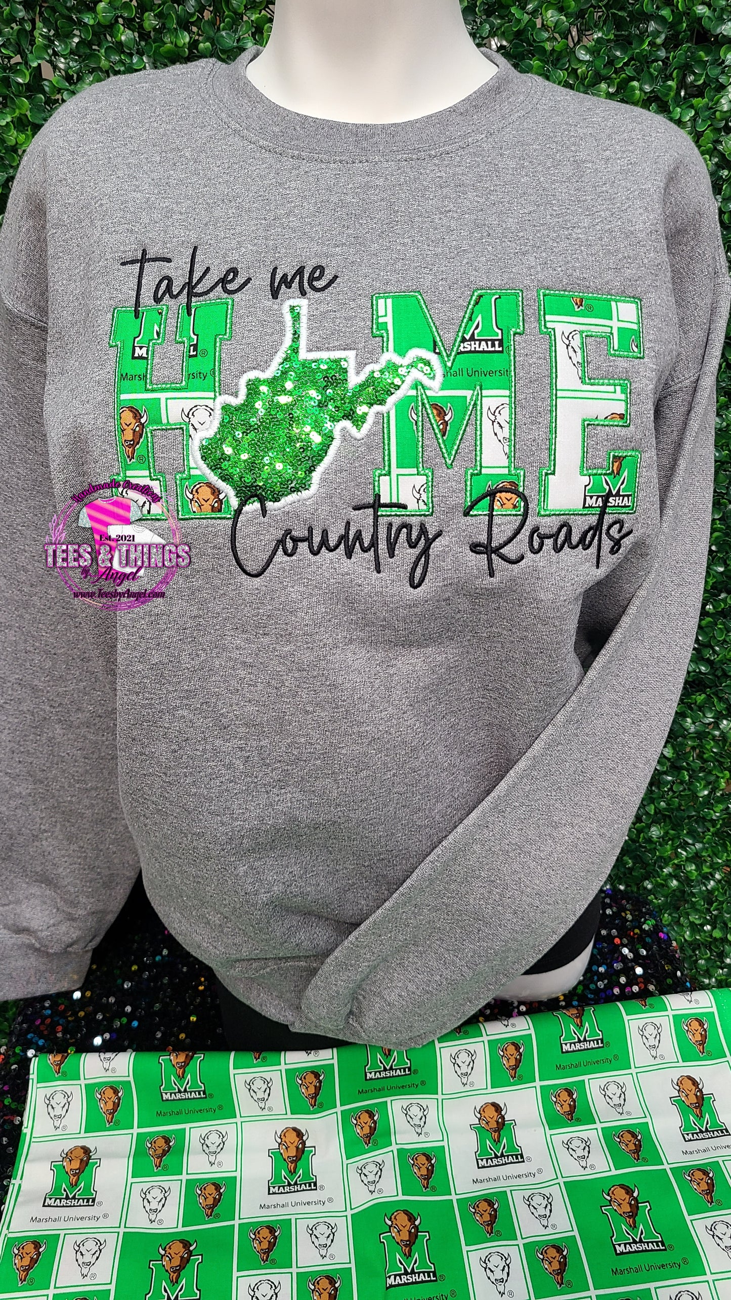 Country Roads WV 💚🤍 MARSHALL embroidered sweatshirt!