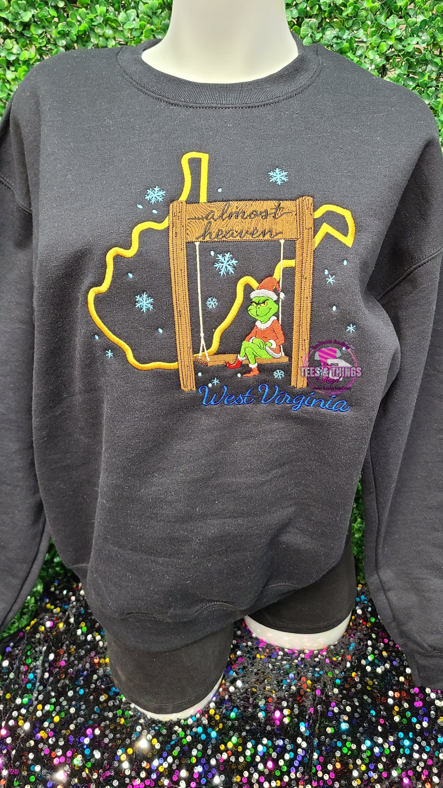 WV Almost Heaven Grinch on a Swing Embroidered sweatshirt! 💚 ❄️