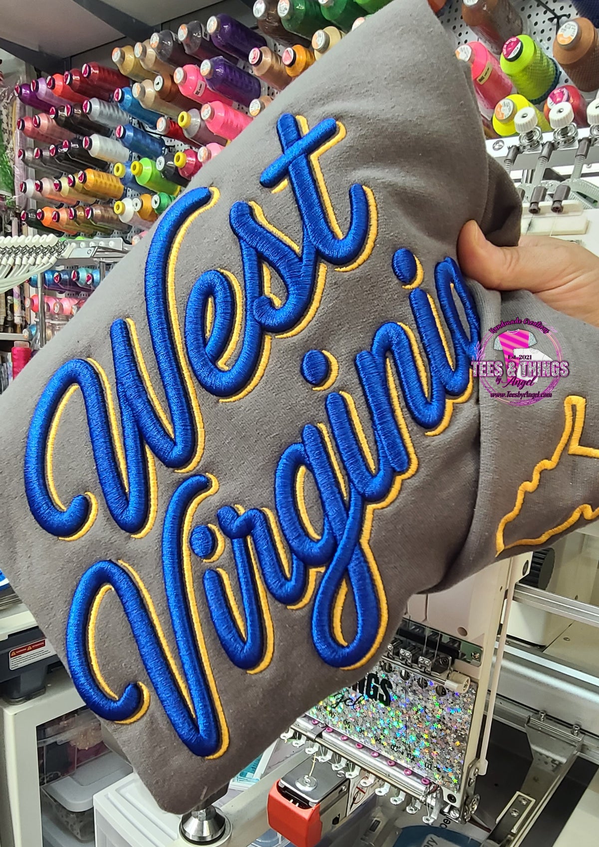 West Virginia 3D Embroidered script font sweatshirt! 💙💛