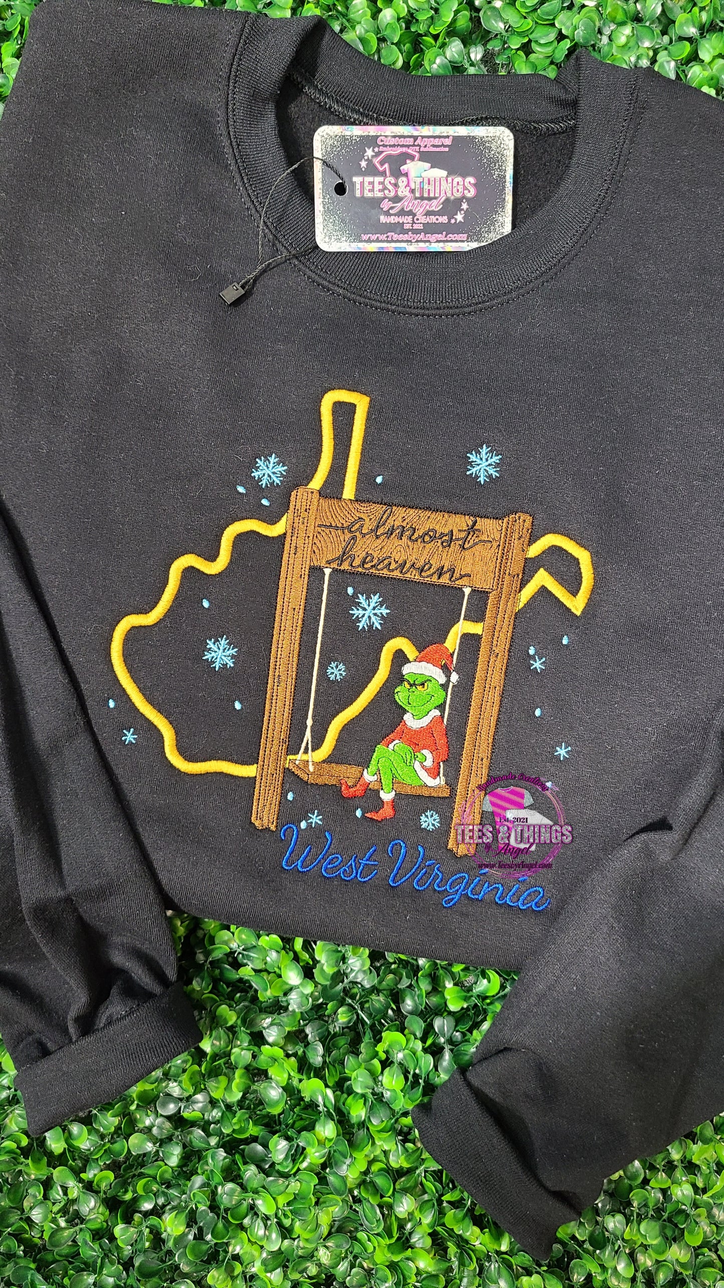 WV Almost Heaven Grinch on a Swing Embroidered sweatshirt! 💚 ❄️