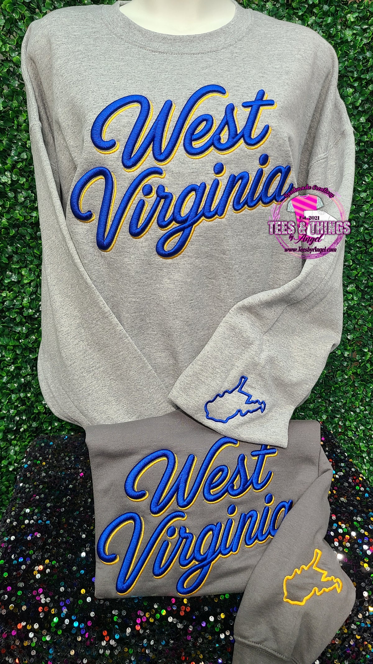 West Virginia 3D Embroidered script font sweatshirt! 💙💛