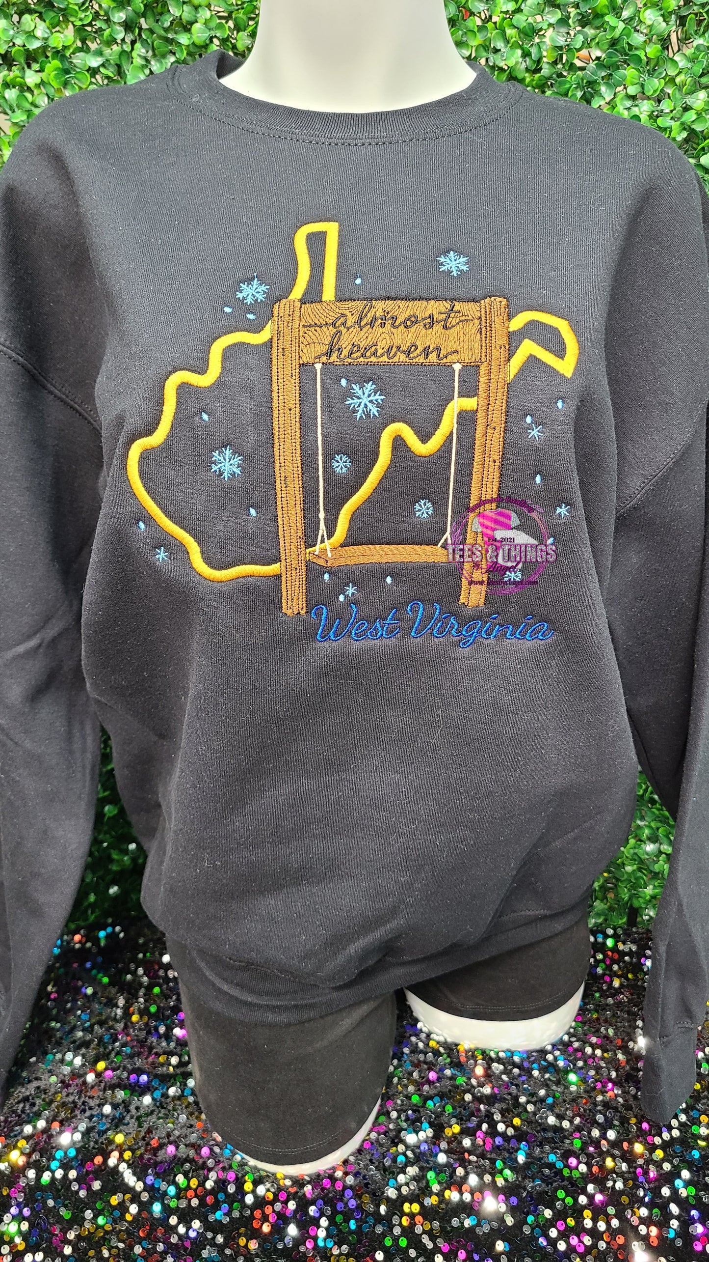 WV Almost Heaven Grinch on a Swing Embroidered sweatshirt! 💚 ❄️