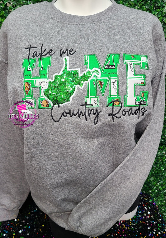Country Roads WV 💚🤍 MARSHALL embroidered sweatshirt!